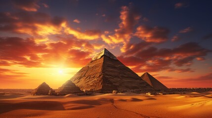 Beautiful perspective over the pyramids in Egypt before a sunset. The desert can be seen in the background - obrazy, fototapety, plakaty
