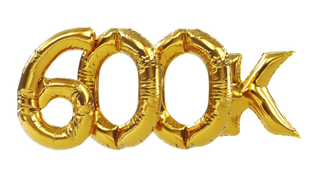 3D render of 600k or six hundred thousand golden numbers isolated on white background, 600k followers celebration.