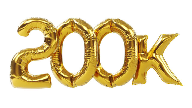 3D render of 200k or two hundred thousand golden numbers isolated on white background, 200k followers celebration.