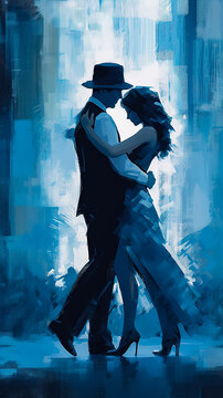 Romantic dance of man and woman, stylized silhouette, poster art in blue tones.