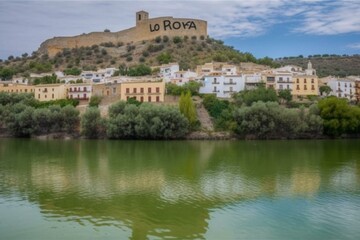 Fototapeta na wymiar Lora del Río: The name of the Spanish town Lora del Río in the region of Andalusia against a background image. Generative AI