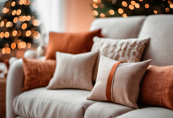 Pillows on sofa in living room with Christmas tree and lights. AI generated.
