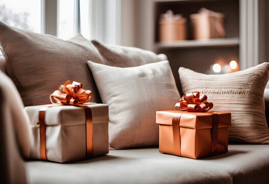 Gifts with orange ribbons on sofa in decorated living room. AI generated.