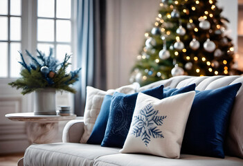 Pillows on sofa in living room with Christmas tree and lights. AI generated.
