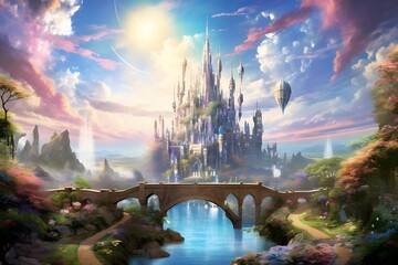 Magic fantasy landscape with castle and bridge, panoramic view.