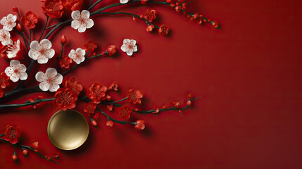 Vibrant white and red blossoms artistically arranged on a deep red background with a golden centerpiece