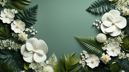 Beautiful arrangement of white flowers and green leaves on a soft teal background