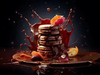 Fototapeten pancakes with fruits and chocolate splash on black background, panorama © Iman