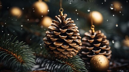 A shimmering pinecone ornament amidst festive golden baubles and droplets