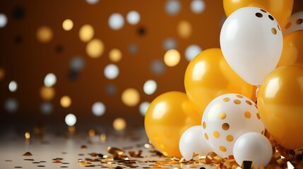 Festive gold and white balloons with shimmering confetti backdrop
