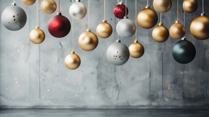 Glistening Christmas ornaments hanging against a textured gray backdrop, evoking festive spirit