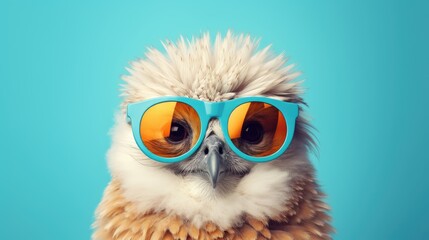 Portrait of a beautiful owl with sunglasses on a blue background.