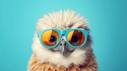 Photo sur Plexiglas Dessins animés de hibou Portrait of a beautiful owl with sunglasses on a blue background.