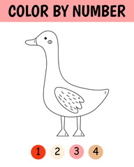 Color by number game for kids. Childish cute goose. Farm coloring page. Printable worksheet with solution for school and preschool. Learning numbers activity.