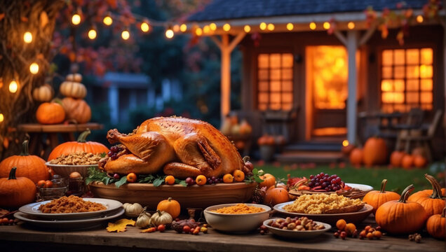 Thanksgiving dinner background with turkey and all sides dishes, pumpkin pie, fall leaves and seasonal autumnal decor on wooden. blur background of the garden behind the house. night atmosphere.