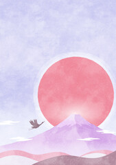 富士山と初日の出の背景 和風な自然の水彩風景イラスト 縦
