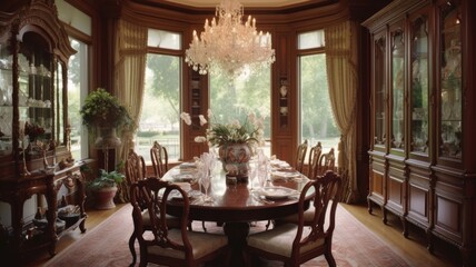 Interior design inspiration of Traditional Classic style home dining room loveliness decorated with Mahogany and Silk material and Bay Window .Generative AI home interior design .