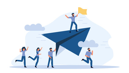 Man standing on top of paper airplane, holding flag and looking up at sky with confident expression. Paper airplane flying high above a people, with clouds on background. Vector business illustration