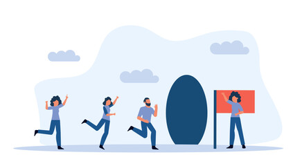 Group people running towards a black hole with a red flag. Red flag is flying at the front of the group, and it is a symbol of hope and determination. Vector business flat illustration