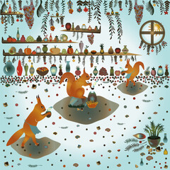 Squirrels prepare a medicine from herbs and roots. Illustration for the fairy tale 