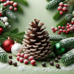 Fototapeta na wymiar Frosty Pinecone Amidst Festive Christmas Decorations