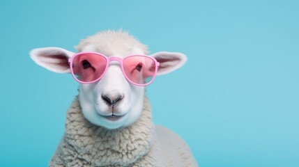 Fototapeta premium Portrait of funny sheep with sunglasses. Funny animal concept