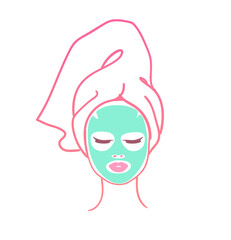 Vector illustration of woman head with hair towel and facial mask