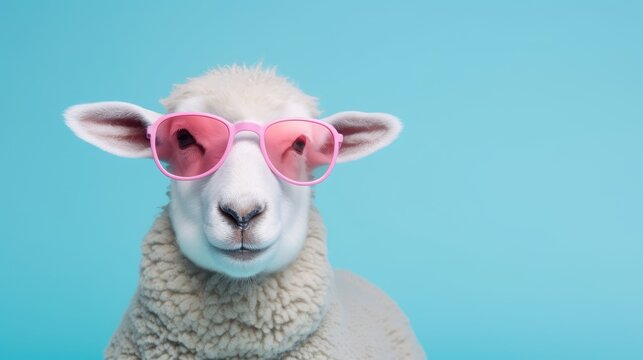 Portrait of funny sheep with sunglasses. Funny animal concept