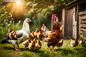Mother hen with chickens in a rural yard. Chickens in a grass in the village against sun photos.  - obrazy, fototapety, plakaty