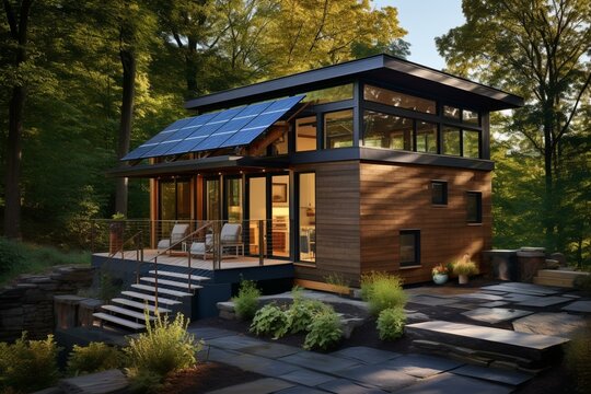 Stylish cabin featuring rooftop solar panels. Generative AI