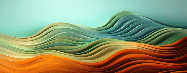 Green background with red, orange, yellow, blue and green colorful stylized waves. Creative background