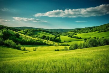 Fototapeta na wymiar Peaceful summer landscape with lush green grass field. Generative AI