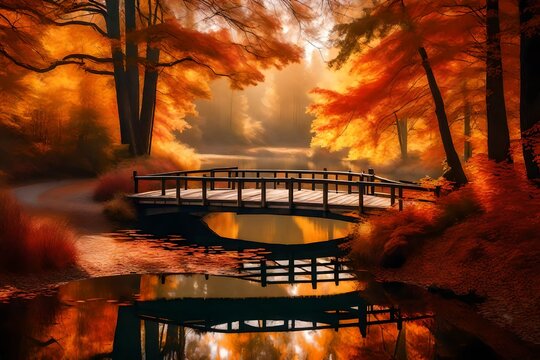 Autumn nature landscape. Lake bridge in fall forest.