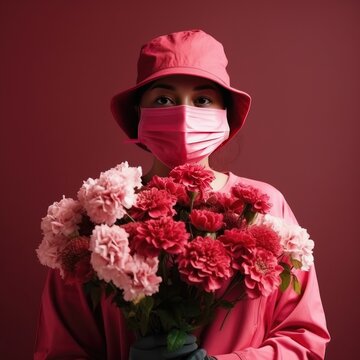 Black woman wearing a face mask holding a bouquet of flowers.