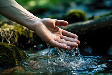 hand holding water from the river - obrazy, fototapety, plakaty