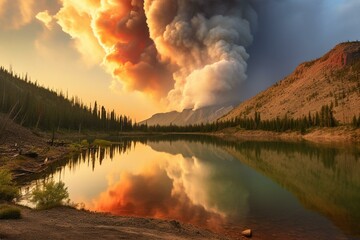 Fire by Red Feathers Lake, Colorado in September 2020 during a strong windstorm on the Cameron Peak fire. Generative AI