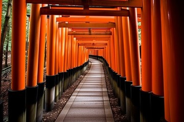 A scenic path at Fushimi Inari-Taisha shrine in Kyoto, Japan. Generative AI