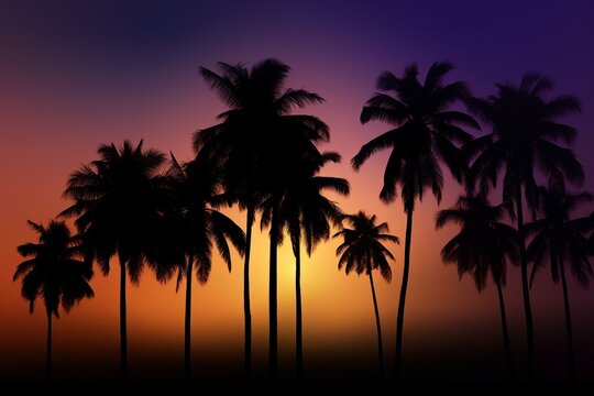 Silhouetted coconut and palm trees against a gradient background. Generative AI