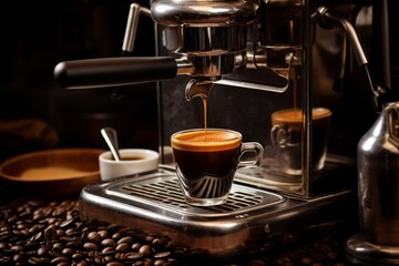 A strong and rich Ristretto shot nestled among freshly roasted coffee beans and a vintage espresso maker