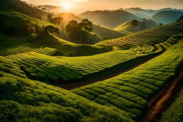 Sunrise view of tea plantation landscape  - obrazy, fototapety, plakaty