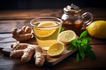 A warm cup of lemon ginger tea nestled amongst fresh ingredients on a vintage wooden table