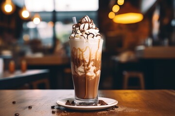 An enticing Coffee Float sitting on an old-fashioned wooden table in a charming cafe setting