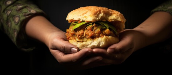 Indian fast food consisting of a vada sandwiched in bread and served with chutney popular in North India and Maharashtra - obrazy, fototapety, plakaty