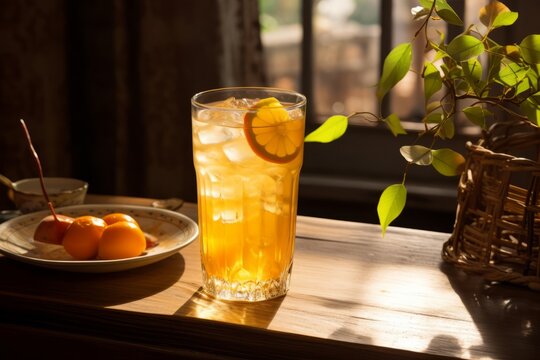 A beautifully presented glass of Winter Melon Tea with a lemon slice accent under the warm glow of natural sunlight