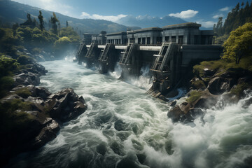 Hydroelectric dam with the raging water captured in motion, highlighting the energy potential of water sources on International Day of Clean Energy (04th January)