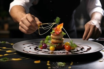 Modern food stylist decorating meal for presentation in restaurant. Closeup of food stylish. Restaurant serving