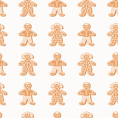 Seamless pattern of gingerbread Christmas cookies, on isolated background. Hand drawn design for Winter, Christmas and New Year celebration, for paper crafts or home decor. 
