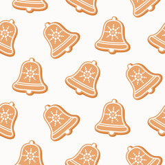 Seamless pattern of gingerbread Christmas jingle bells cookies , on isolated background. Hand drawn design for Winter, Christmas and New Year celebration, for paper crafts or home decor. 