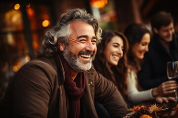 Fototapeta premium Elderly man laughing amidst joyful friends at a cozy outdoor setting