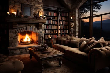Gordijnen Warm fireplace setting in a rustic living room with a vast collection of books © artem